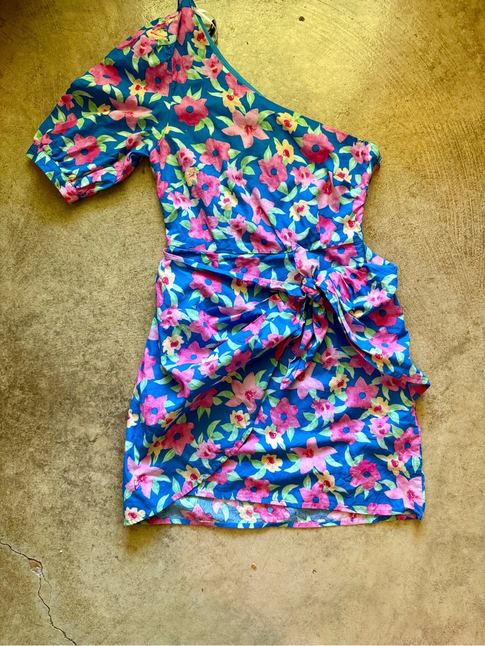 Lulu's One-Shoulder Blue Floral Dress with Pink & Yellow Flowers